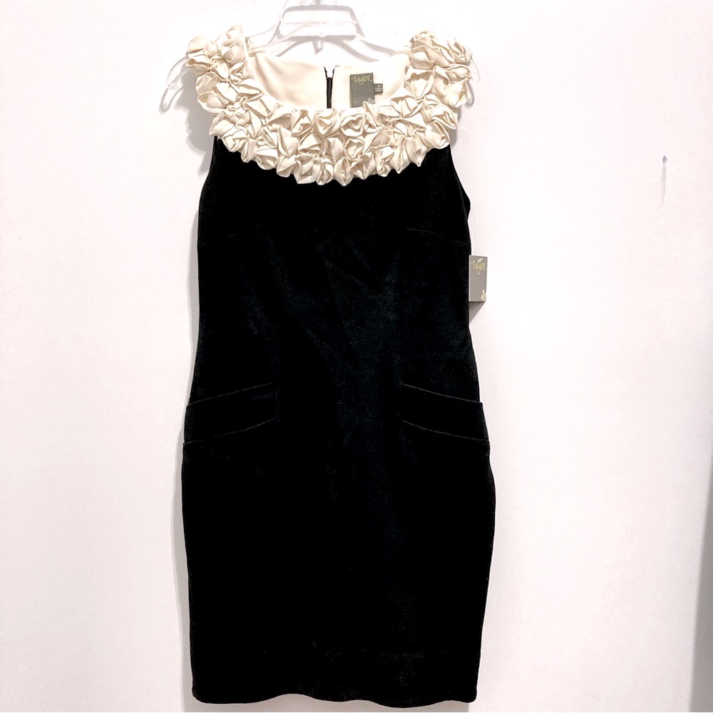 Nwt Taylor Black & Cream Floral Rosette Detail Sleeveless Cocktail Midi Dress